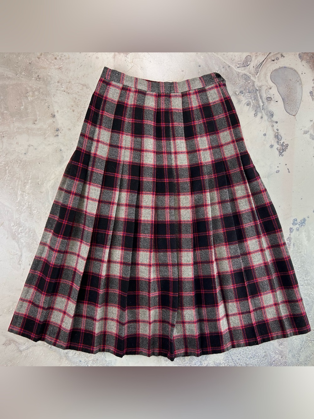 Vintage Pure New Wool Plaid Pleated Midi Skirt XXS